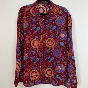 Luc Matton Shirt Mens Size XL Paisley Mandala Print Cotton Linen Burgundy
